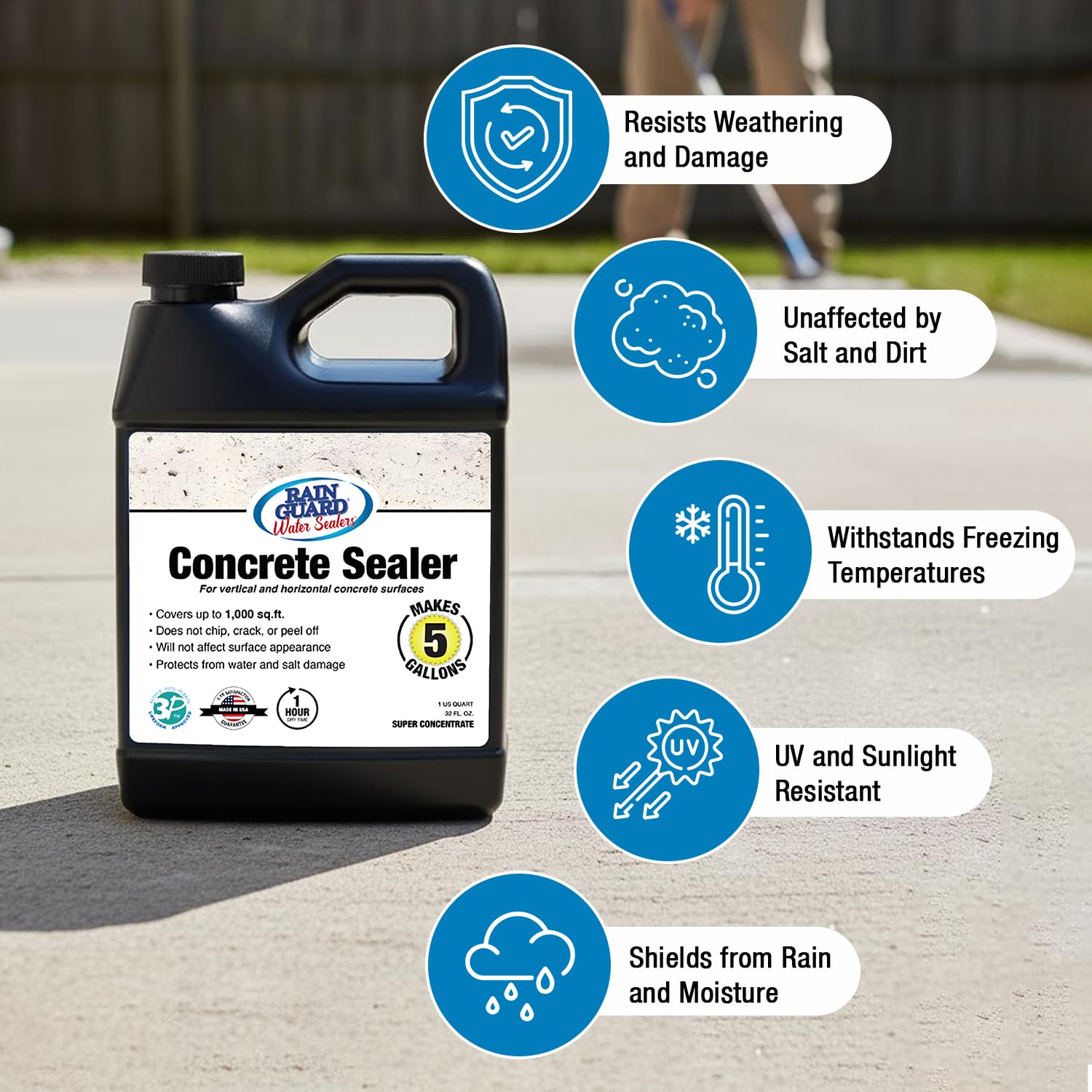 Rain Guard Concrete Sealer 5 Gallon | Ready to Use | Natural Finish | Deep Penetrating Protection Against Water and Salt Damage for All Concrete Surfaces | Silane/Siloxane Waterproofer | Ready To Use, Natural Finish, Clear, Deep Penetrating Protection Ag…