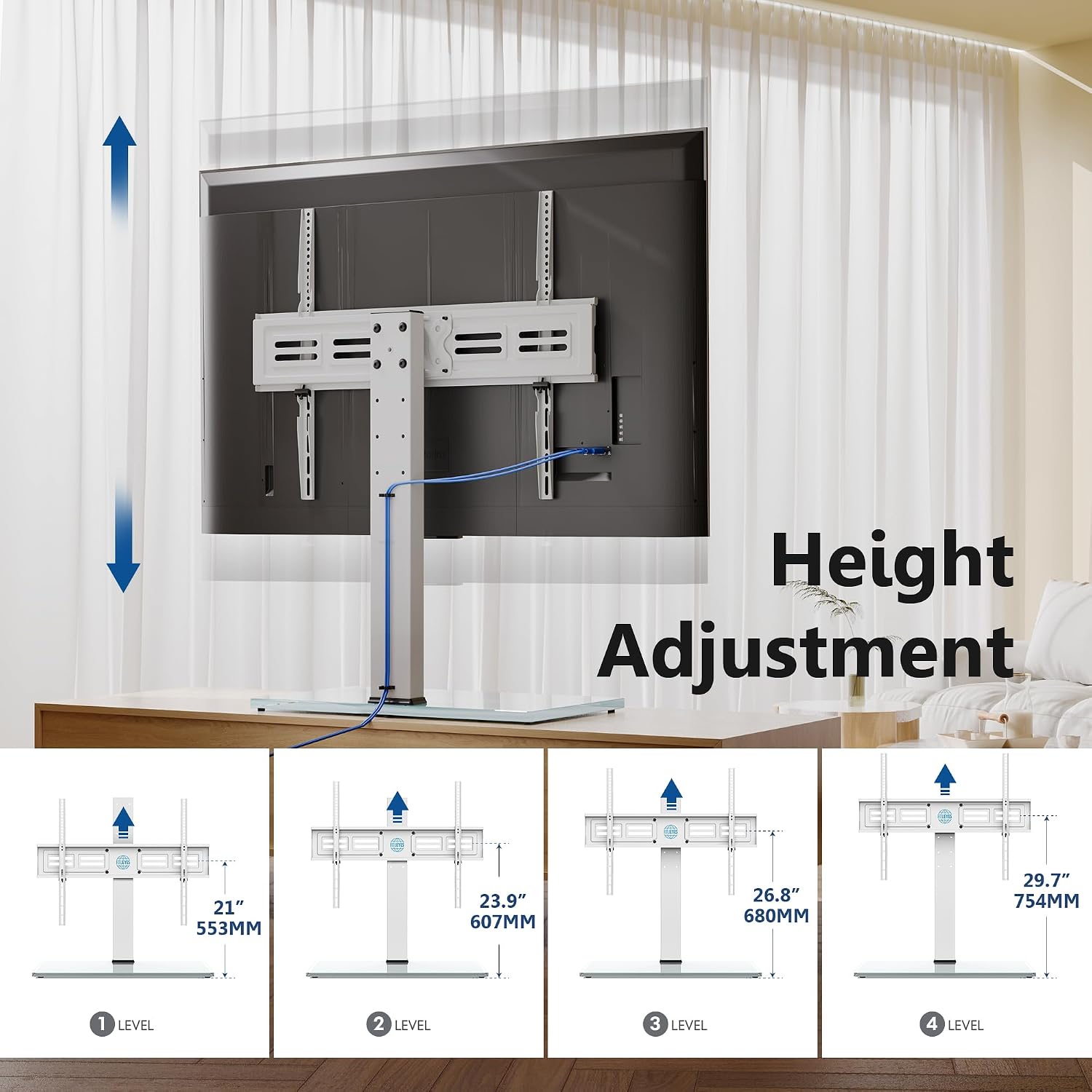 FITUEYES Universal TV Stand with Swivel Mount for 50-85 inch Flat Screens - Height Adjustable Tempered Glass Base Holds up to 143 lbs