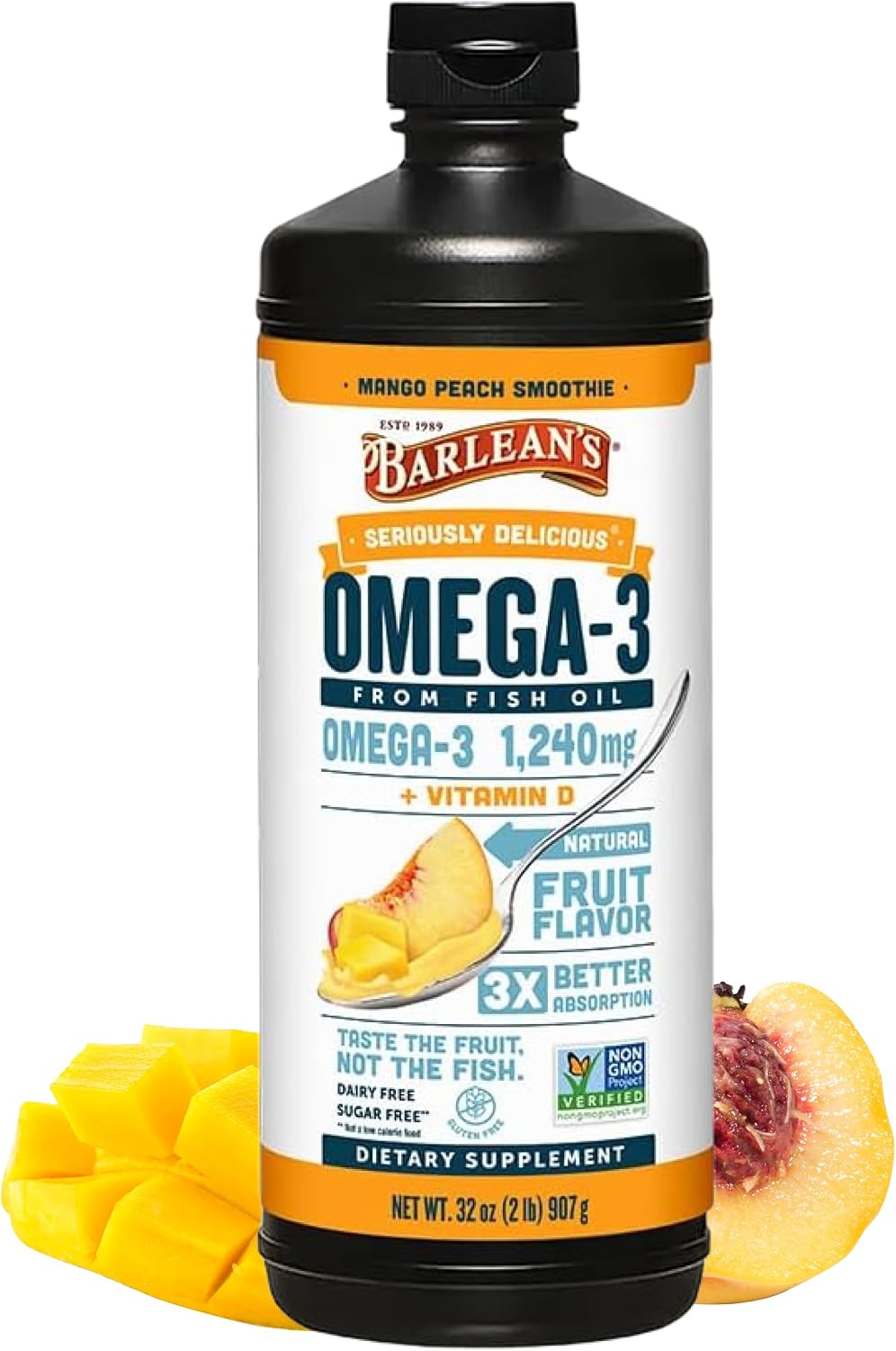 Barlean's Mango Peach Omega-3 Fish Oil, Vitamin D, 1080mg EPA & DHA, 8oz | Wild-caught fish oil plus vitamin D, EPA DHA omega-3, Burpless, Non-GMO, Gluten-free, Heart, brain, bone & immune