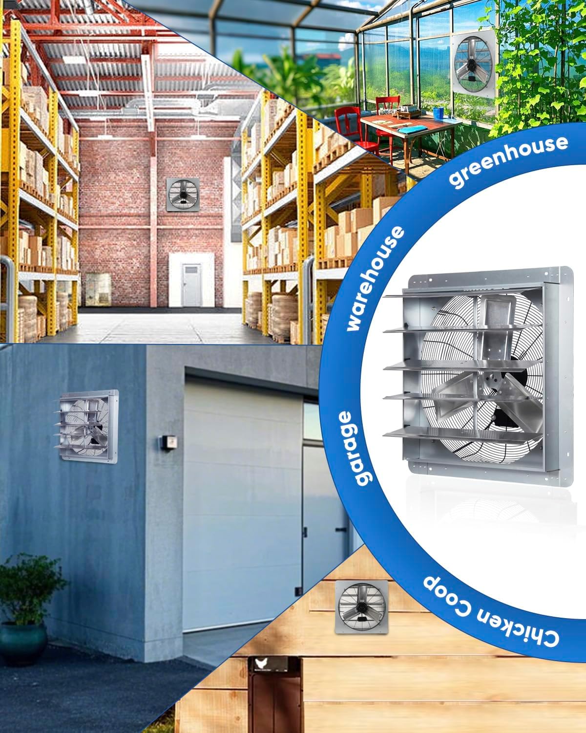 KEN BROWN 12 Inch Shutter Exhaust Fan Wall Mounted, Aluminum with 1.65 Meters Power Cord Kit, High Speed 1450CFM, Vent fan for Commercial, Greenhouse