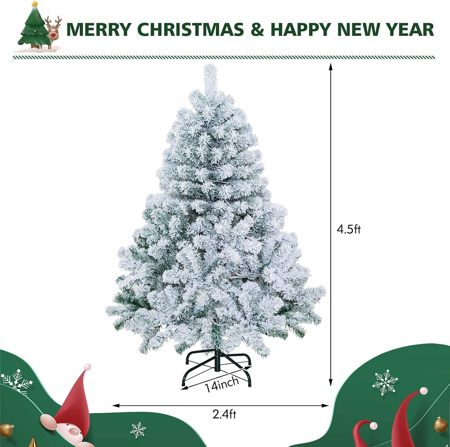 Goplus 7.5ft Pre-Lit Artificial Christmas Tree, Premium PVC Snow Flocked Hinged Pine Tree with Metal Stand and LED Lights