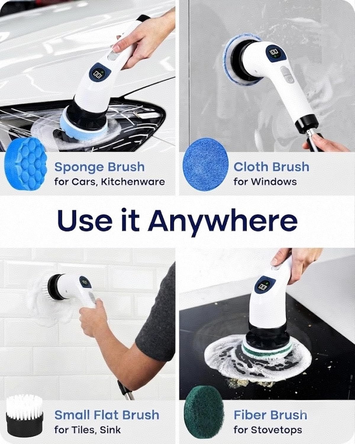 Electric Spin Scrubber for Cleaning with 7 Replaceable Heads | Adjustable Shower Brush with LED Display