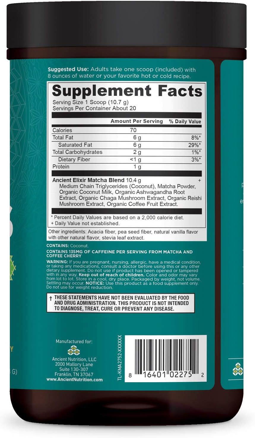 Matcha Green Tea Powder with Ashwagandha by Ancient Nutrition, Ancient Elixirs Superfood Matcha Energy Powder, with MCTs