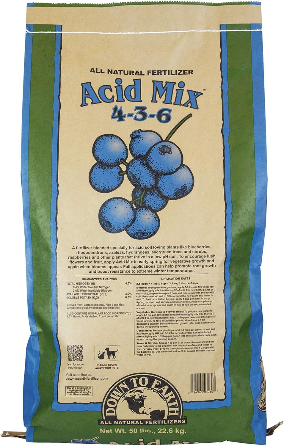 Down To Earth All Natural Fertilizers Organic Acid Mix - 4-3-6, 25 lb | Plant Food for Blueberries, Raspberries, Azaleas, Camellias, Rhododendrons, Hydrangeas, Evergreens and Acid-Loving Plants