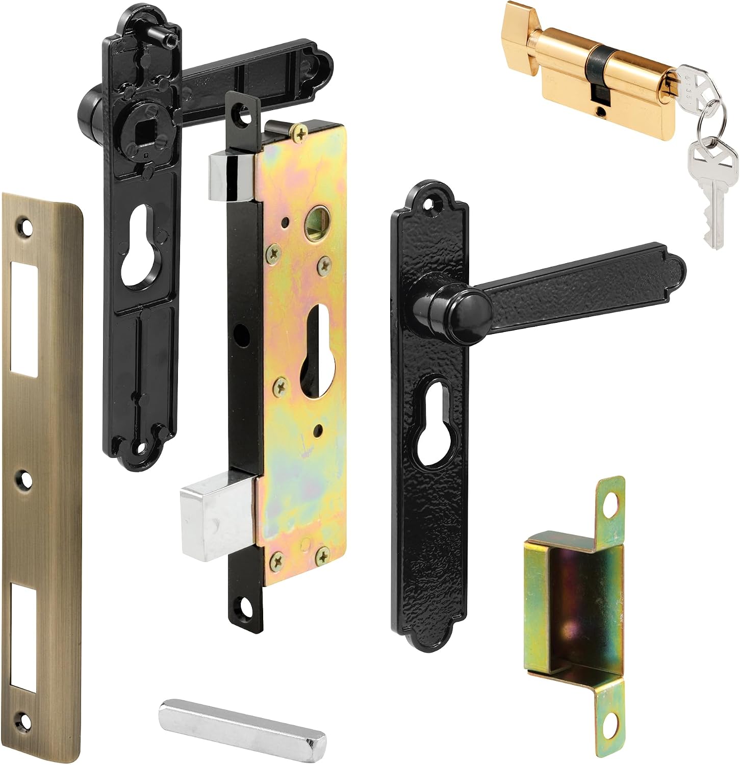 Prime-Line K 5092 Steel and Diecast Security Door Keyed-Locking Mortise Handle Set for Security Screen Doors, 6-3/4 Inch Mounting Hole Centers, Black, Set of 1