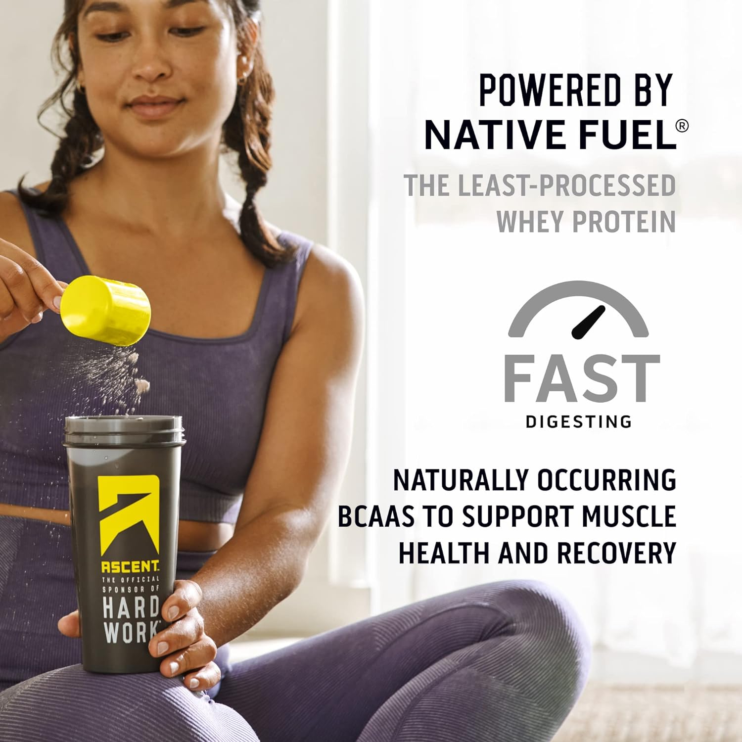 Ascent 100% Whey Protein Powder - Post Workout Whey Protein Isolate, Zero Artificial Flavors & Sweeteners, Gluten Free, 5.5g BCAA, 2.6g Leucine, Unflavored 2 lb