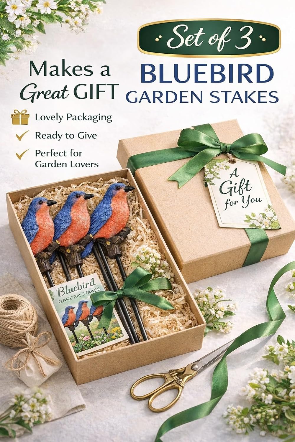 Bluebird Garden Stakes Set of 3 – Decorative Metal Yard & Plant Stakes – Bluebird Outdoor Décor for Flower Pots