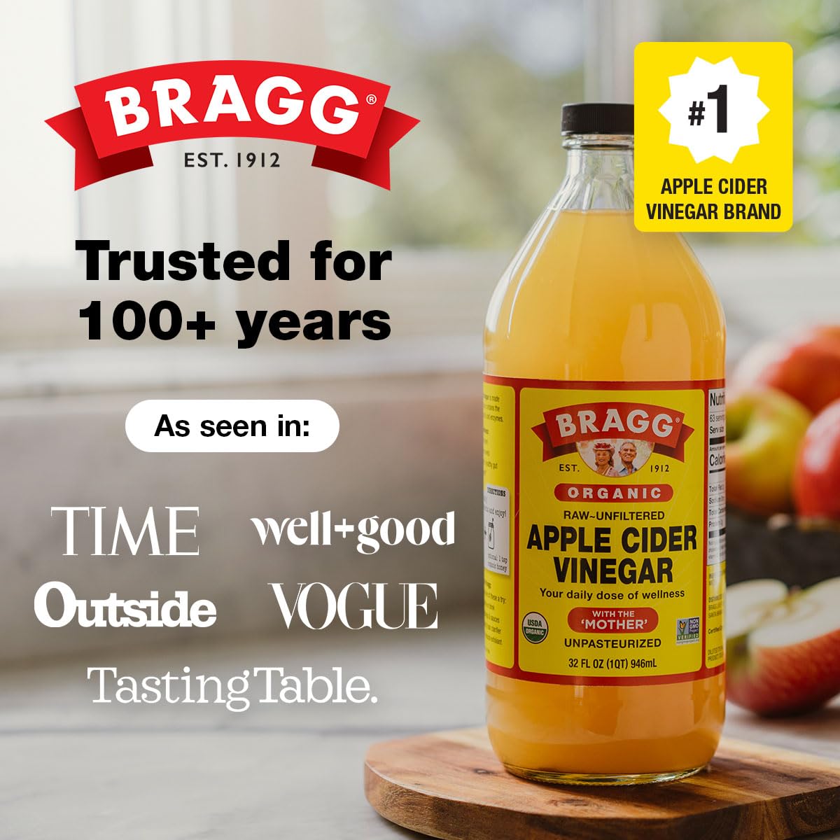 Bragg Organic Raw Apple Cider Vinegar, 32 Ounce - 1 Pack | Raw and Unfiltered