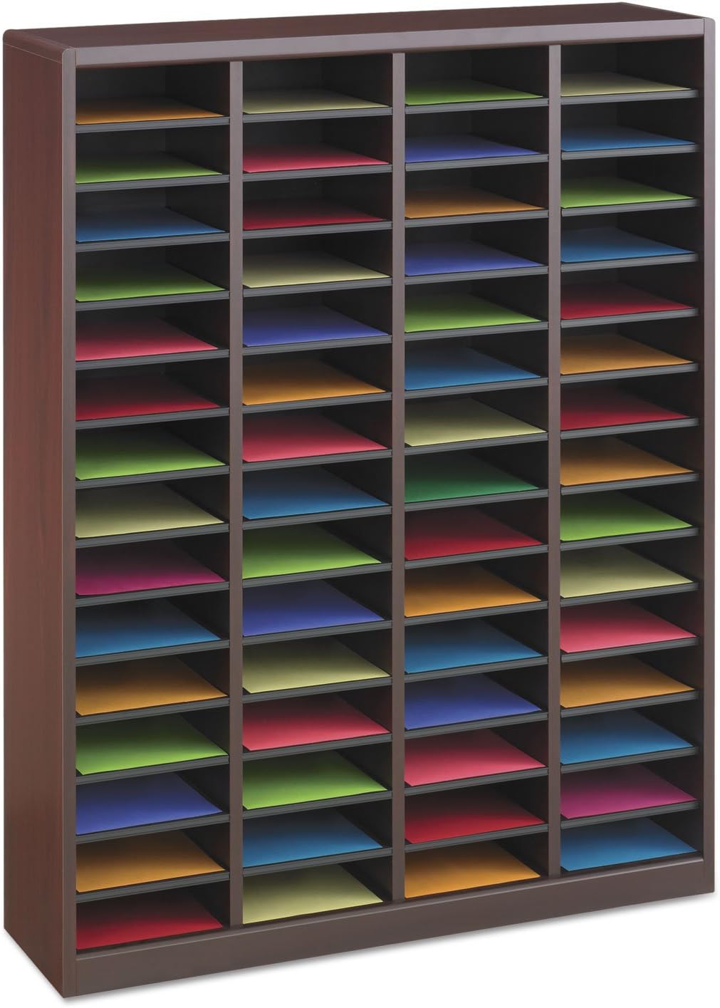 Safco Products E-Z Stor Wood Literature Organizer, 60 Compartment, 9331MH, Mahogany, Durable Construction, Removable Shelves, Plastic Label Holders