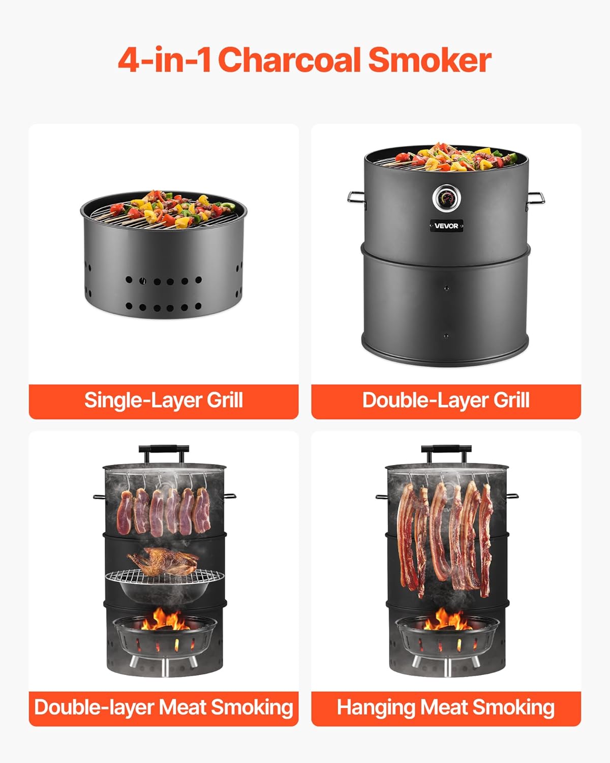 VEVOR Charcoal Smoker Grill, 18.5" Barrel Charcoal BBQ Smoker, Coated Steel Outdoor Barbecue Grill with 2 Grilling Grates, 1 Hanging Rod