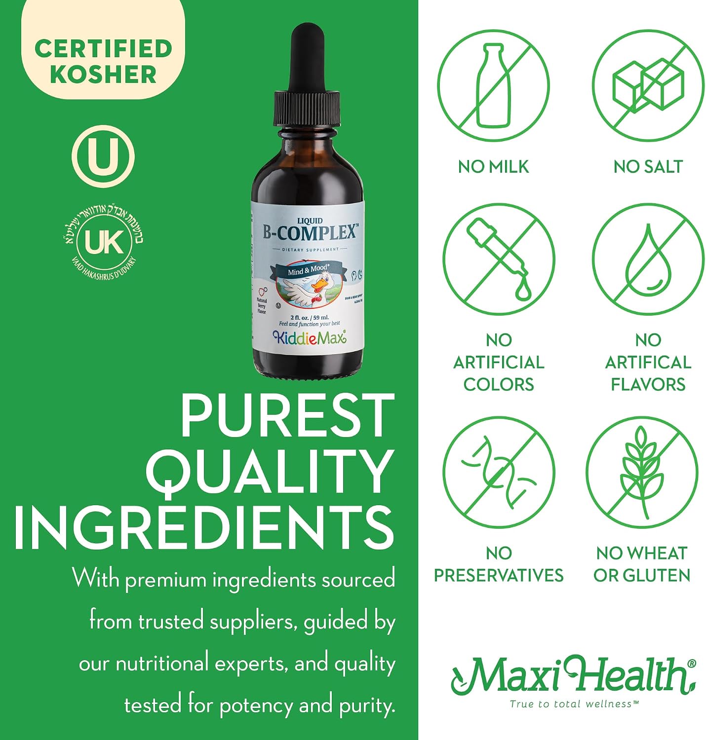 Maxi Health Liquid Vitamin B Complex – 9 Essential B Vitamins Including B1 B6 B12 Drops – Supports Energy, Brain Function