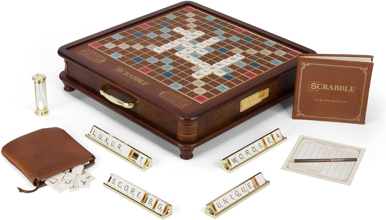 WS Game Company Scrabble Luxury Edition Rotating Wooden Board Game Set | Classic Word Game, Luxurious Wood Cabinet, Rotating Game Board