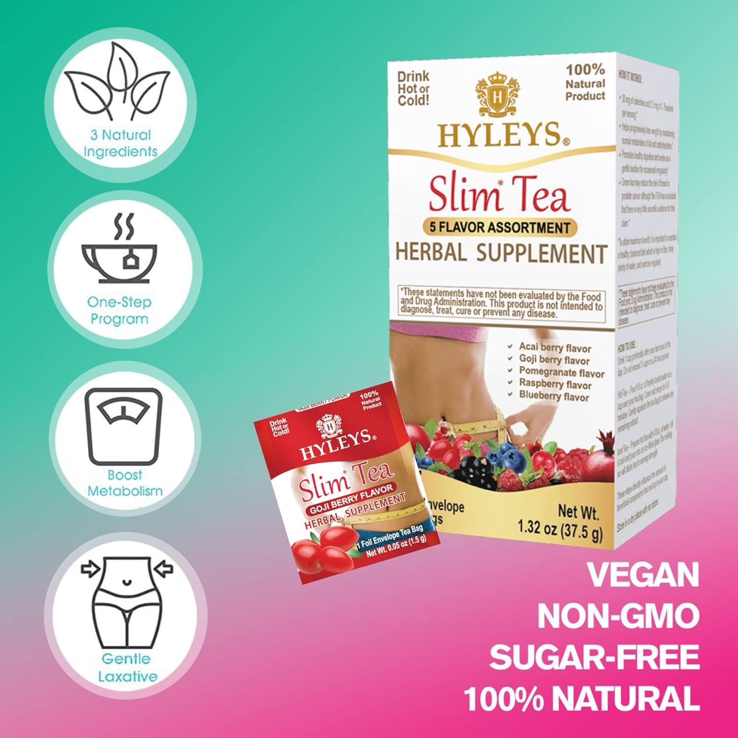 HYLEYS Slim Tea Goji Berry, Weight Loss Detox, Slimming Diet Tea, 25 Bags | Green Tea, Senna Detox & Cleanse, 3 Natural Ingredients, No Added Sugar, 1-Step Bedtime Routine, Supports Digestion