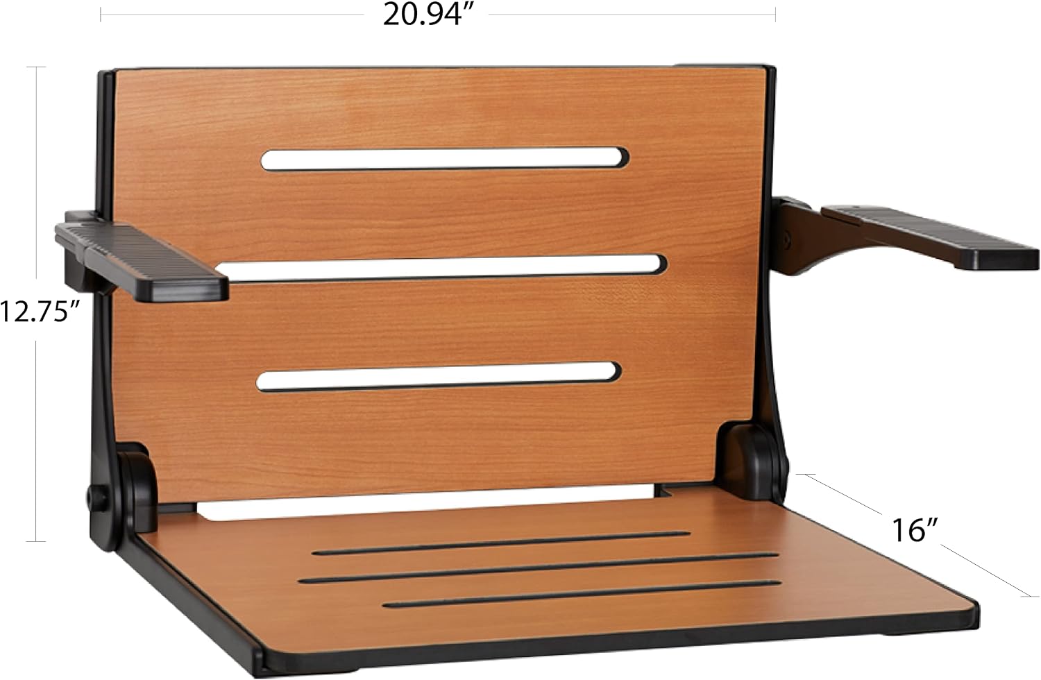 Seachrome Silhouette Comfort Folding Wall Mount Shower Bench Seat with Arms, Teak Seat with Silver Frame