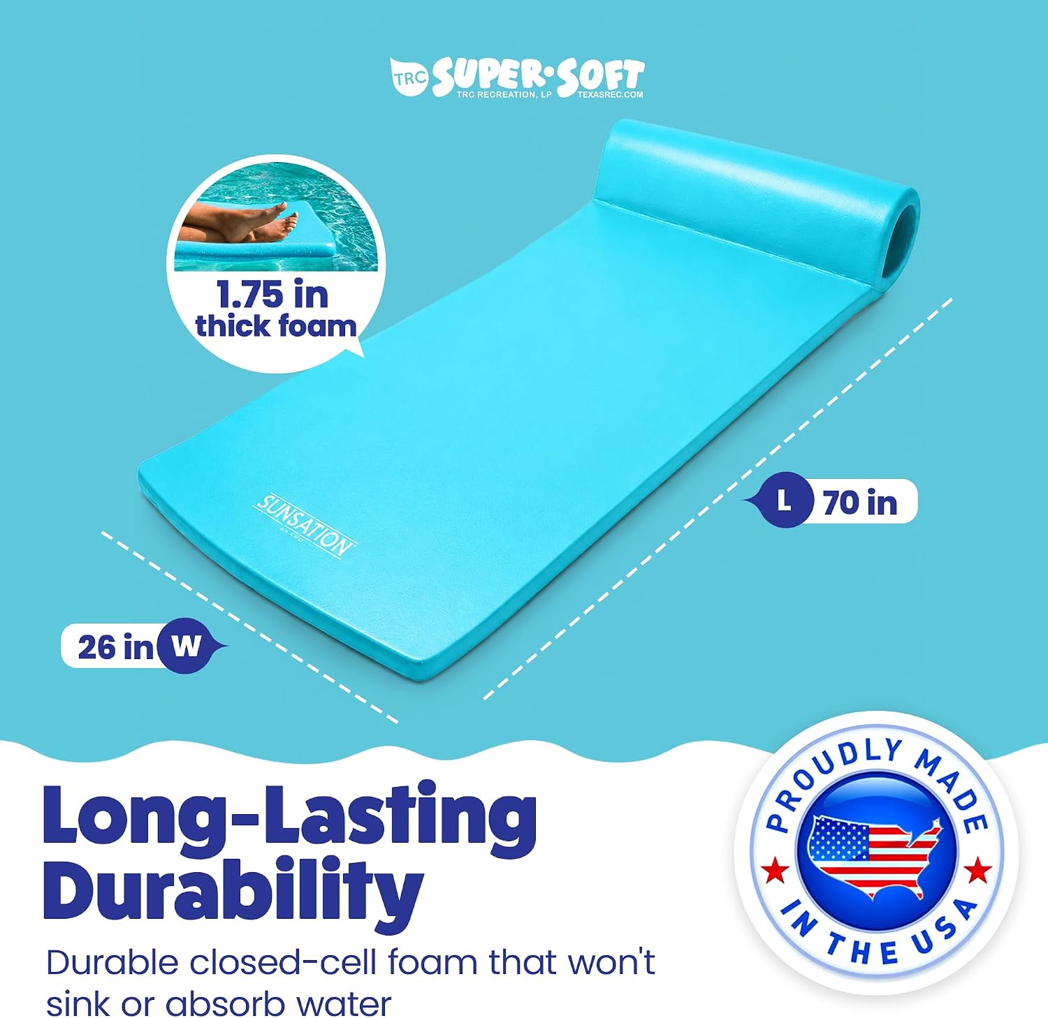 TRC Recreation Sunsation 1.75" Thick Foam Pool Float Lounger w/ Headrest for Lounging & Sunbathing in Swimming Pools, Beaches & Lakes, 70" x 26