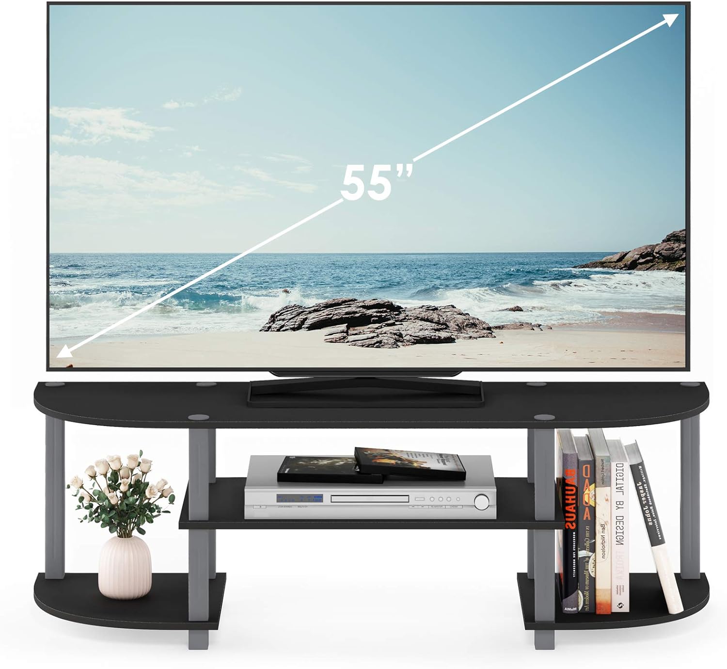 Furinno TURN-S-TUBE 3-Tier TV Stand for TVs up to 55 Inch, French Oak | Toolless Entertainment Center with Open Storage Shelves, Media Console Table with Soundbar Shelf for Living Room, Bedroom