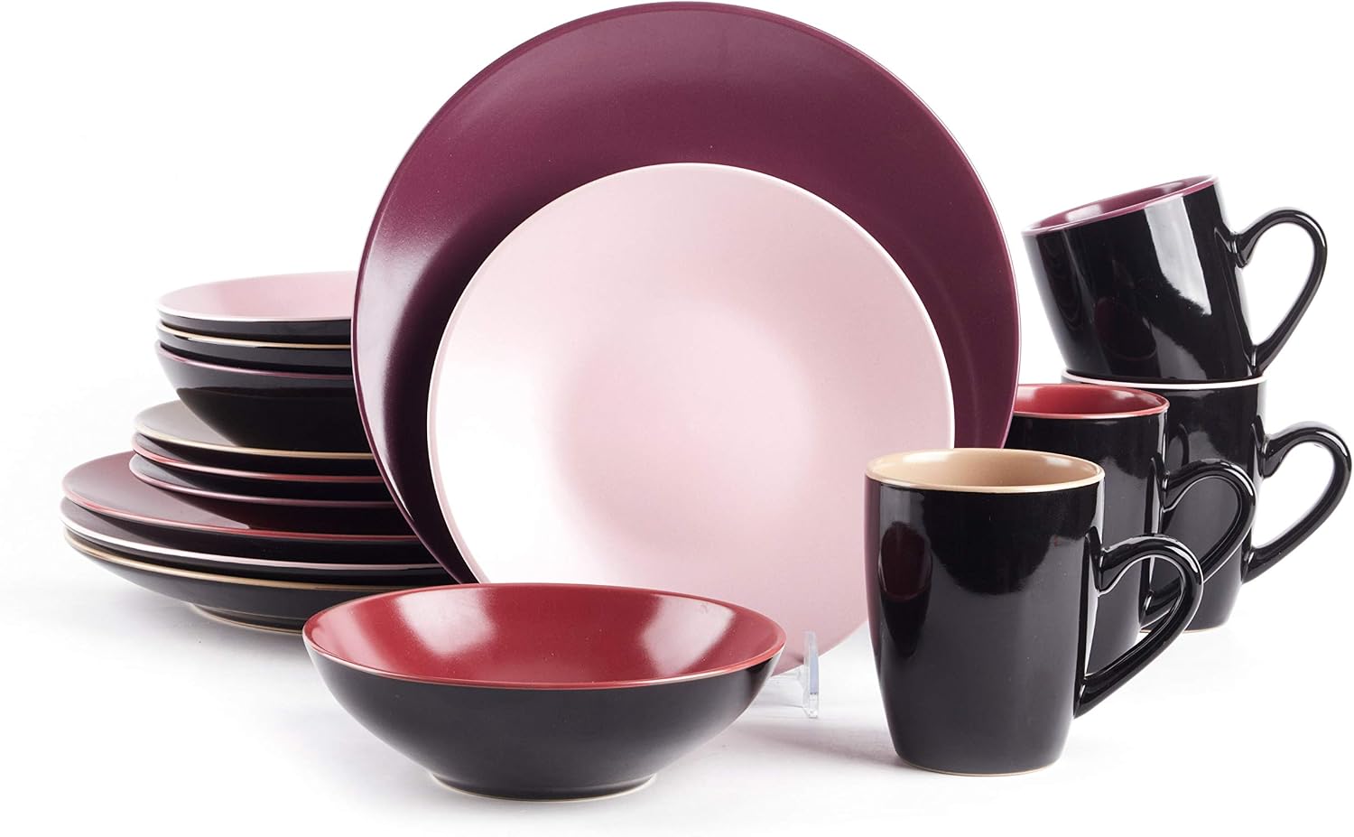 Stoneware Two-Tone Colors Life 16pc Dinner Set，Outside Shiny Black + Inside Matte Glaze Olive