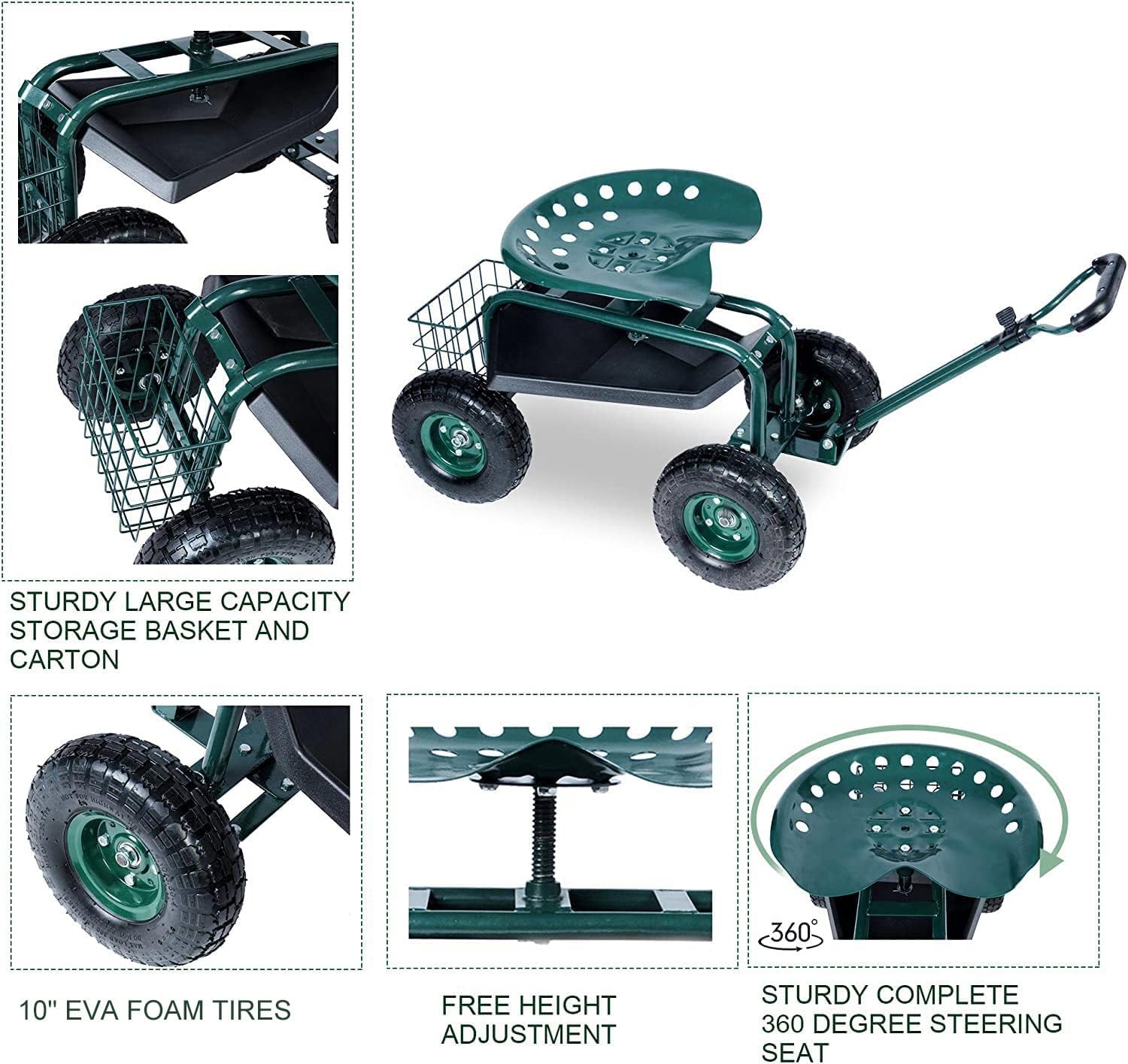 Steerable Garden Stool Cart with Tool Tray and Storage Basket on Wheels Rolling Work Seat Heavy Duty Scooter with Extendable Steer Handle Green