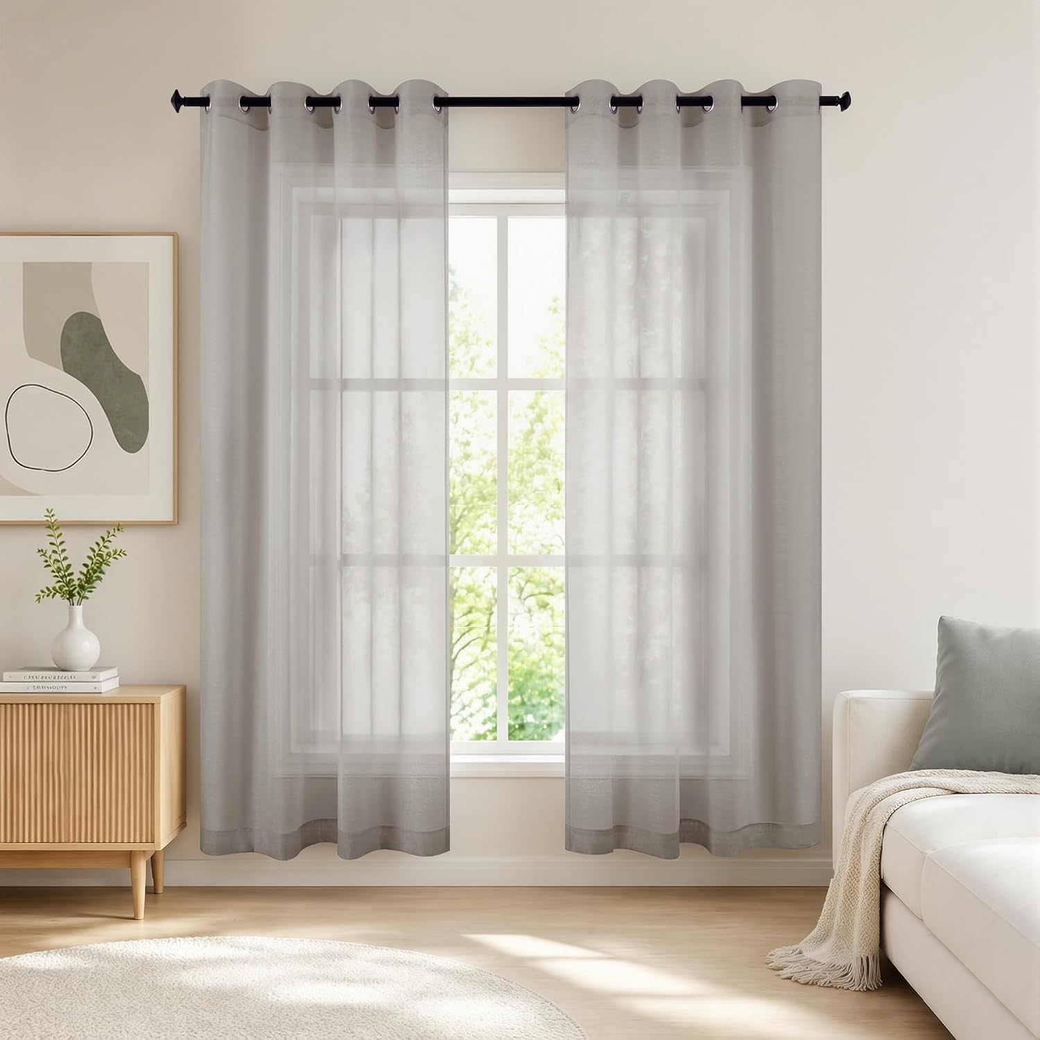 KOUFALL White Sheer Curtains 72 Inches Long for Bedroom Set of 2 Panels Grommet Faux Linen Window Voile Semi Baisc Decorative Sheer Curtains for