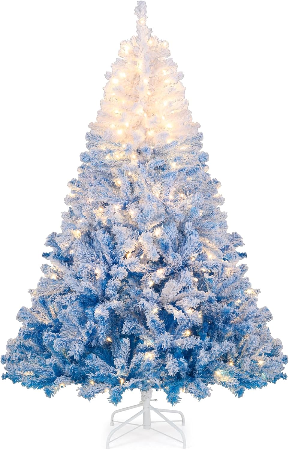 Goplus 7.5ft Pre-Lit Artificial Christmas Tree, Premium PVC Snow Flocked Hinged Pine Tree with Metal Stand and LED Lights