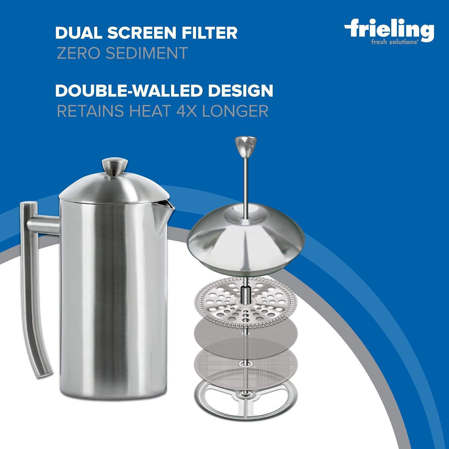Frieling Double-Walled Stainless Steel French Press Coffee Maker - 36 oz Polished & Insulated Press Pot - Stainless Steel Coffee Maker
