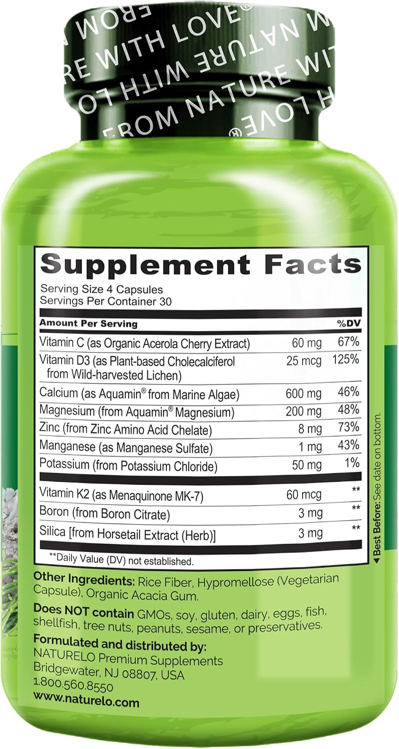 NATURELO Calcium Supplement with Vitamin C, D3, K2, 120 Vegetarian Capsules | Magnesium & Zinc for Bone Strength,Plant-Based Calcium 600mg , Non-GMO, Soy & Gluten-Free