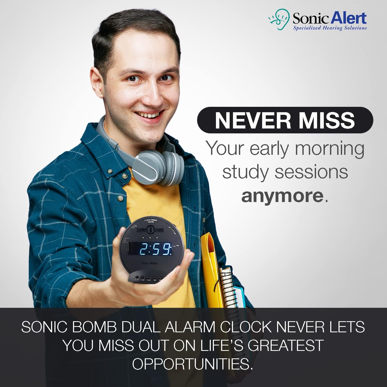 Sonic Bomb Dual Extra Loud Alarm Clock with Bed Shaker, Black | Sonic Alert Vibrating Alarm Clock Heavy Sleepers, Battery Backup | Wake with a Shake