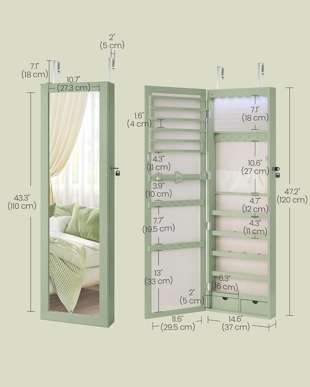 SONGMICS 6 LEDs Mirror Jewelry Cabinet, 47.2-Inch Tall Lockable Wall or Door Mounted Jewelry Armoire Organizer with Mirror, 2 Drawers, 3.9 x 14.6 x 47.2 Inches, White UJJC93W