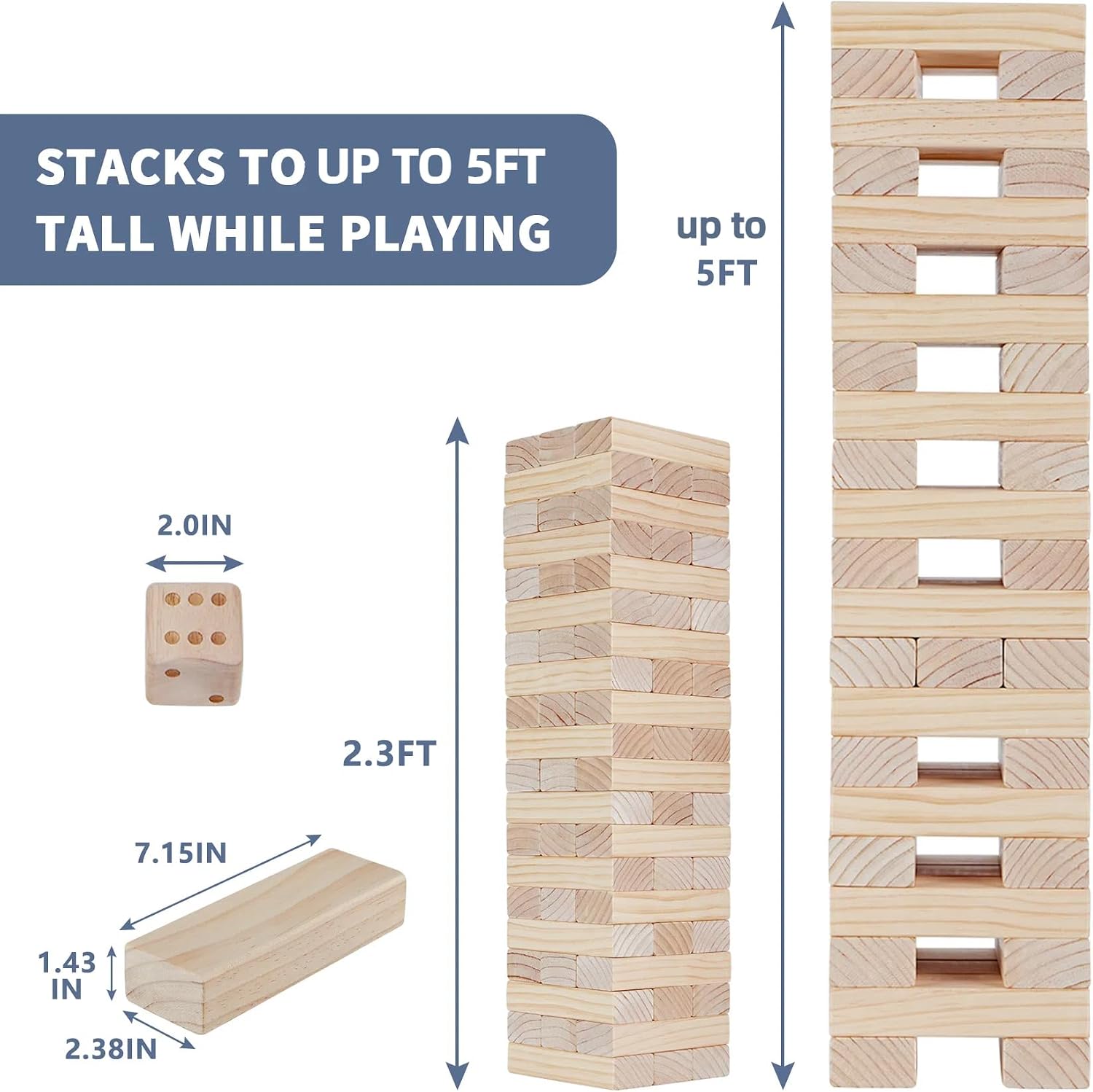 Megwoz Giant Tumble Tower Games for Kids and Adults 57 Blocks New Zealand Pine Wooden Blocks Stacking to Over 4.2FT Family Game for Indoors Outdoors