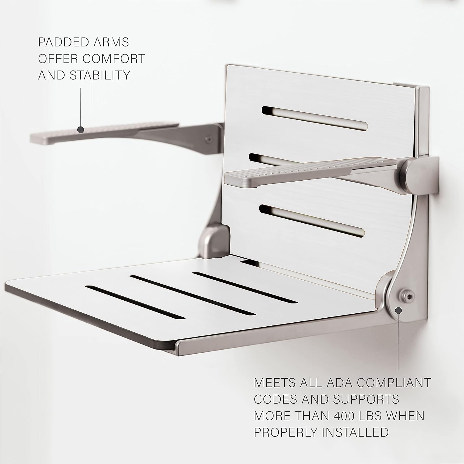 Seachrome Silhouette Comfort Folding Wall Mount Shower Bench Seat with Arms, Teak Seat with Silver Frame