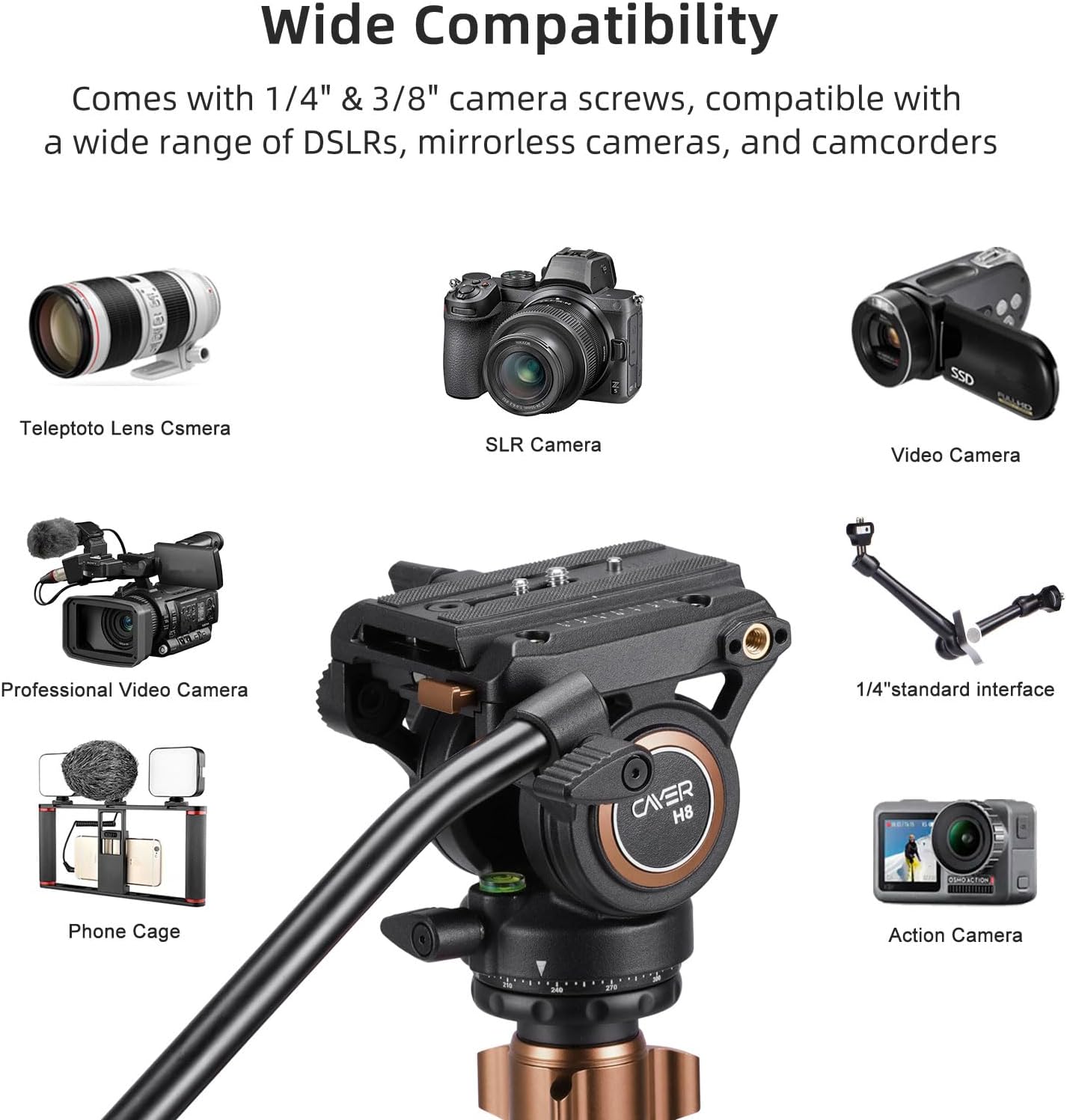 Cayer H8 Tripod Fluid Head, 60mm Base Video Head 13.2 Lb Load for Camera | Metal Housing, Adjustable Pan Handle, Smooth Fluid Movement