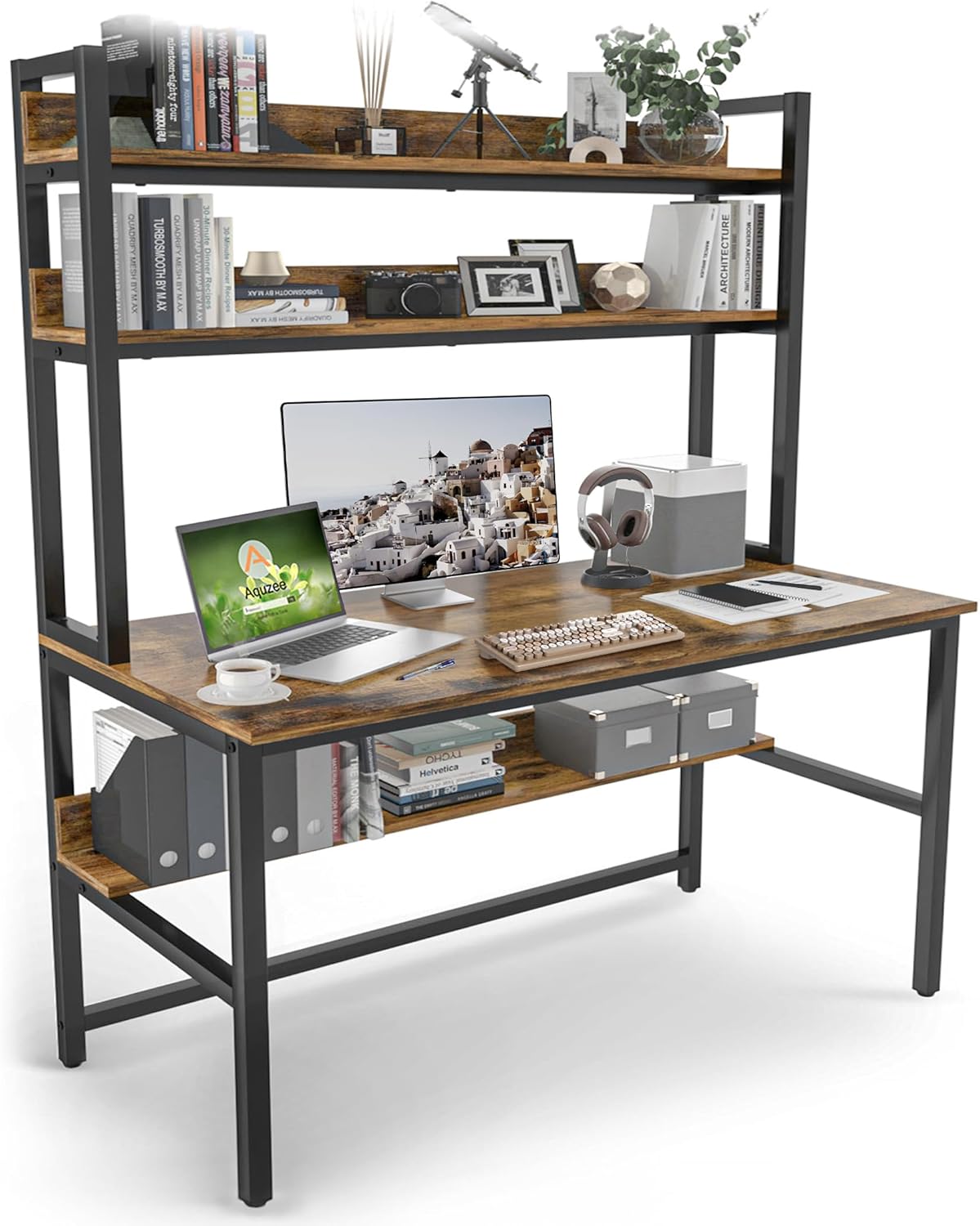 Aquzee Computer Desk with Shelves, 47" W x 23.6" D Gaming Desk with Hutch and Bookshelf