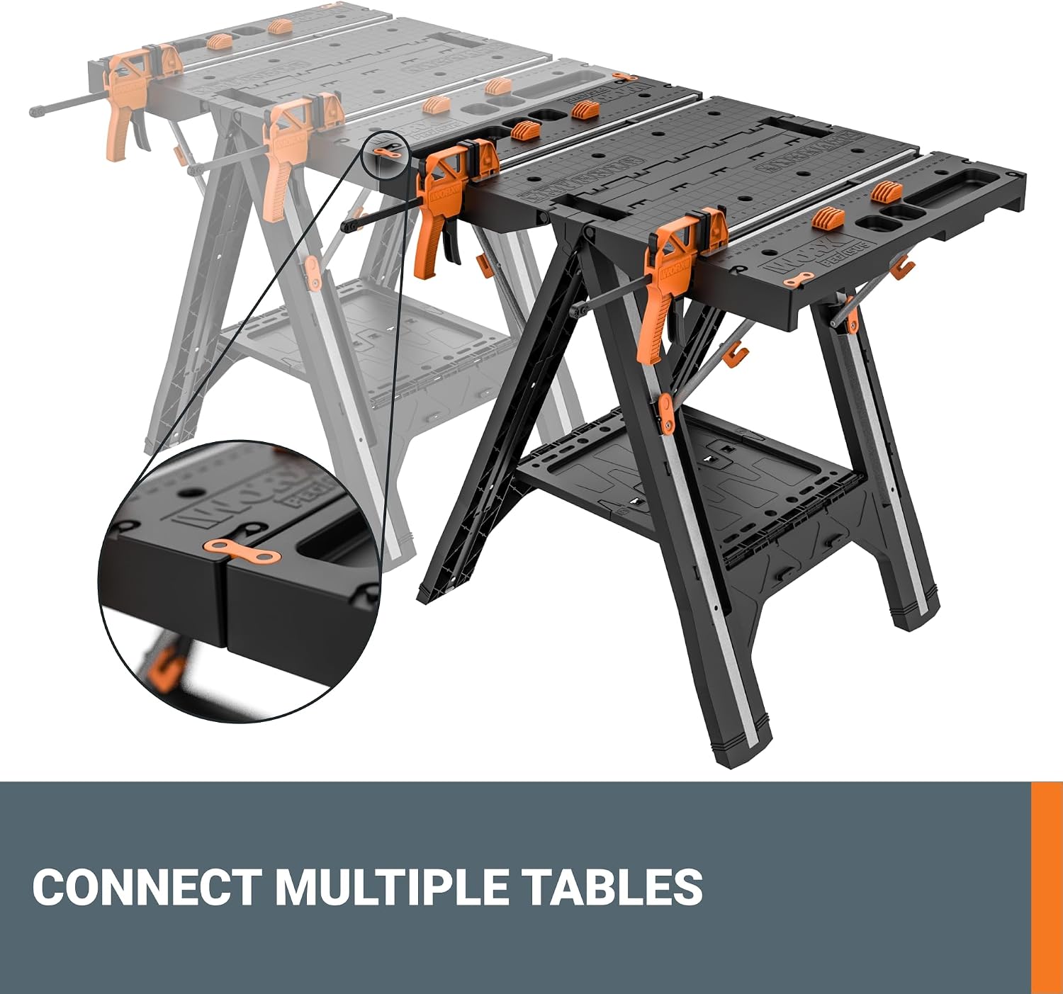 WORX Portable Folding Workbench, 2-in-1 Pegasus Table & Sawhorse, WX051 | 31"×25"×32" dimension, heavy load capacity, fast setup, includes 2 clamps & 4 clamp dogs, lightweight portable design