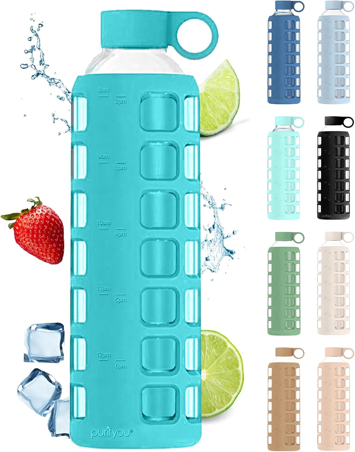 purifyou 40oz / 32oz / 22oz / 12oz Borosilicate Glass Water Bottle with Time & Volume Markers, Silicone Sleeve