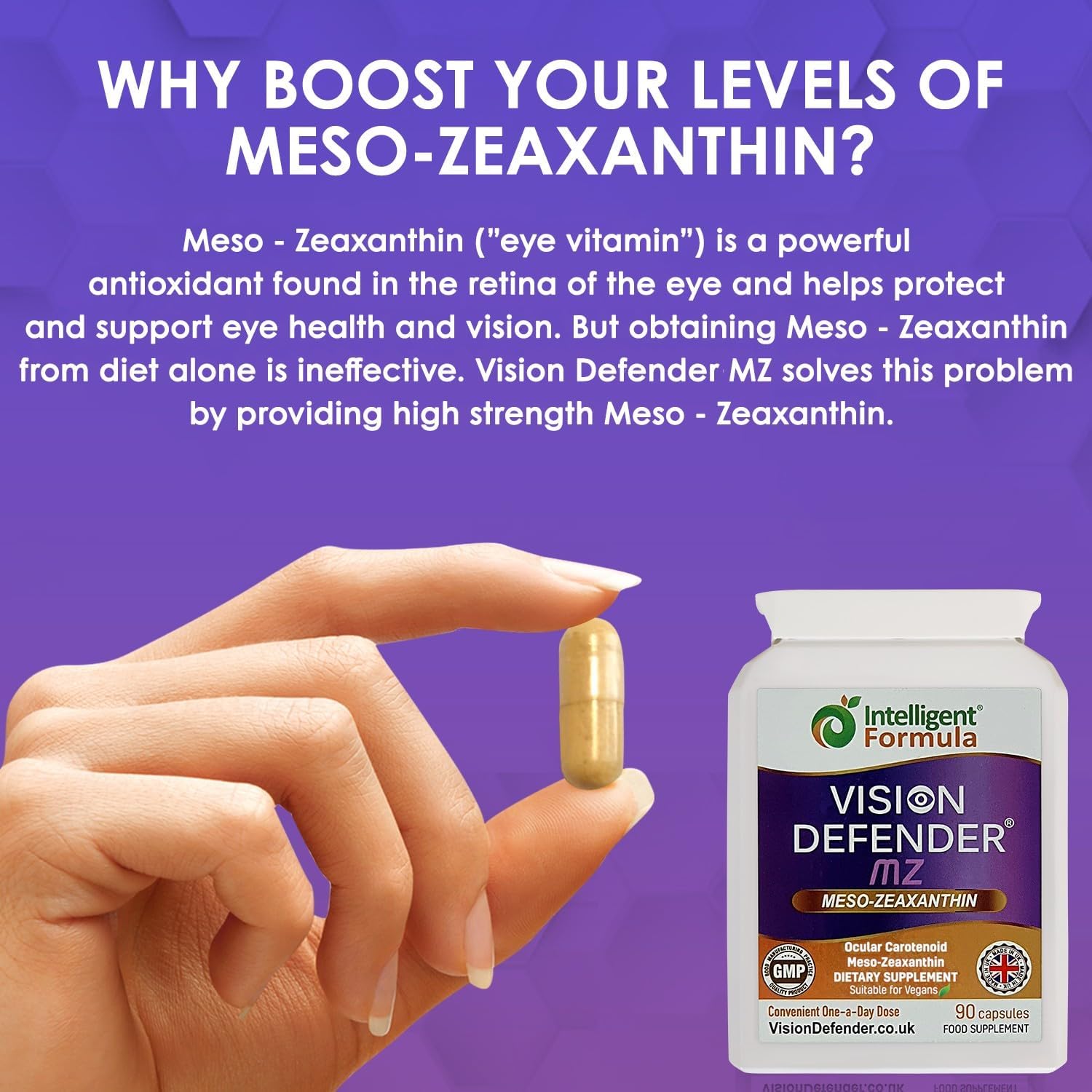 Vision Defender MZ Meso-Zeaxanthin 10mg Vegan Eye Supplement, 90 Capsules | Pure Carotenoid Antioxidant from Marigold Extract, Ocular Health Support