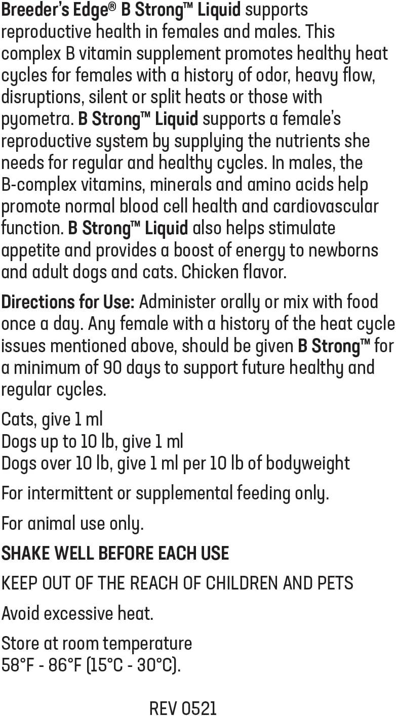 Breeder’s Edge B Strong Powder, B-Complex Vitamin Supplement for Dogs and Cats, Supports Reproductive Health, Promotes Normal Heat Cycles, and Helps Maintain Energy, 300g