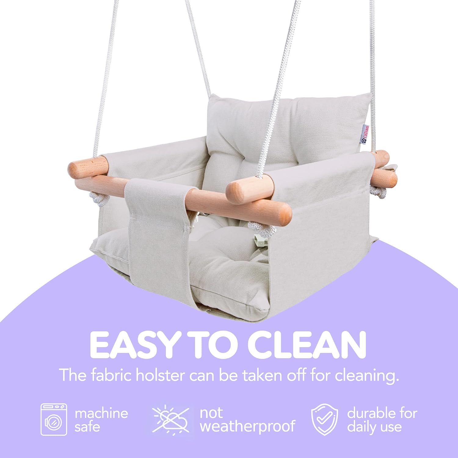 CaTeam Canvas Baby Swing Seat with 5-Point Safety Belt — Wooden Hanging Toddler Swing, Indoor & Outdoor, Ages 1-4, Ceiling Mount Hardware Included