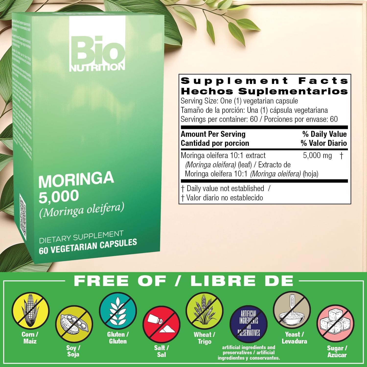 Bio Nutrition Moringa 5000mg 60 Vegetarian Capsules | Complete Green Superfood | Nature's Multivitamin | Energy and Gut Health