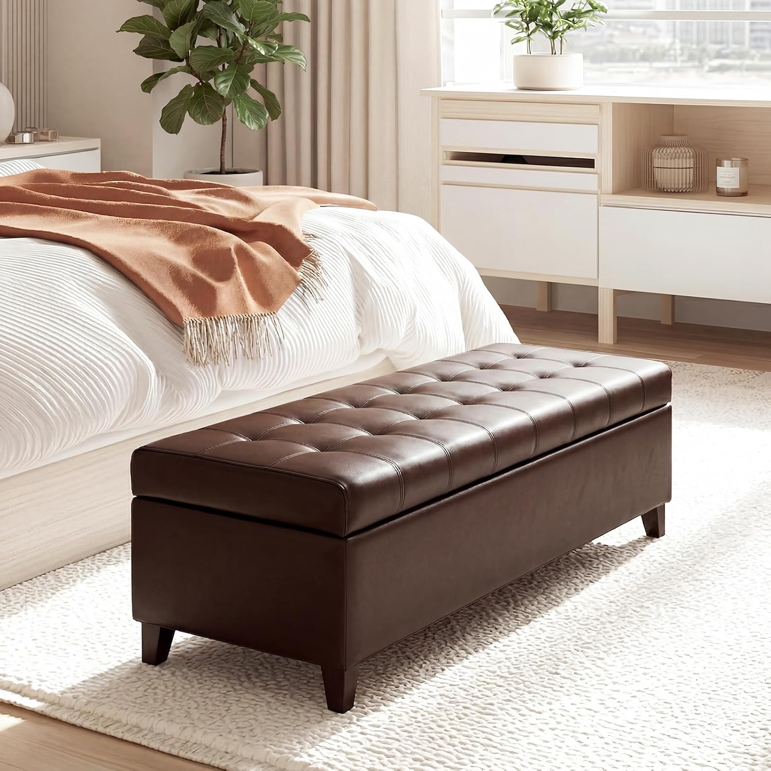 51 Inch Storage Bench,Leather Tufted Storage Ottoman with Legs | Safety Hinges,Wooden Legs,Upholstered,End of Bed,Bedroom,Living Room,Entryway,330LBS,Brown