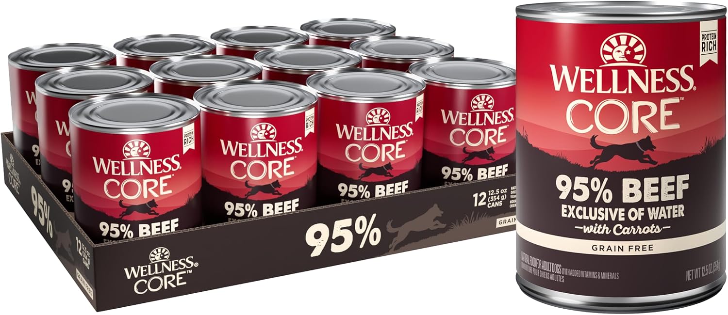 Wellness CORE 95% Adult Canned Wet Dog Food, Grain Free, Natural, Beef with Carrots Recipe, 12.5 oz, Pack of 12 Cans