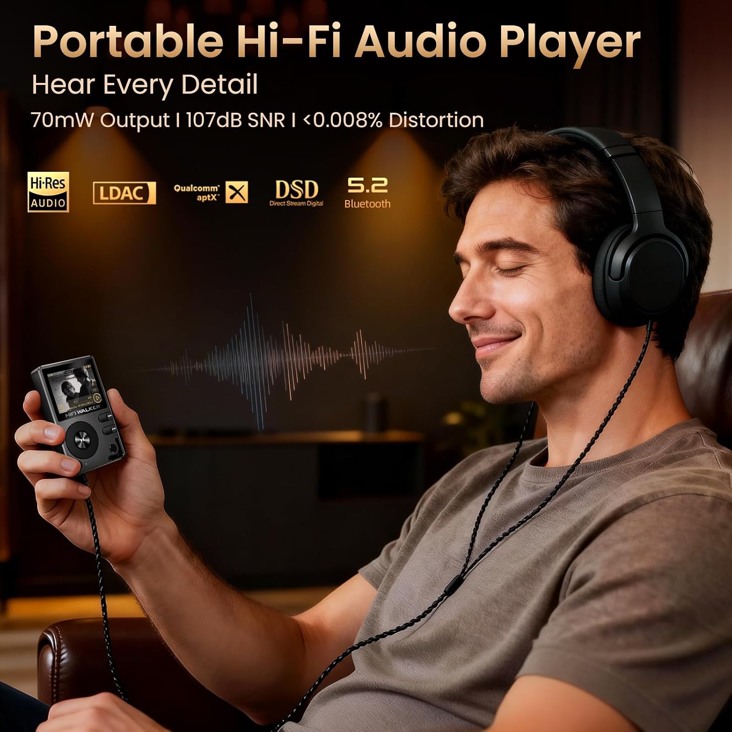 HIFI WALKER H2 Hi-Res Bluetooth MP3 Player with 64GB MicroSD Card, Portable Lossless Digital Audio Player with ESS DAC, DSD FLAC Support, USB DAC