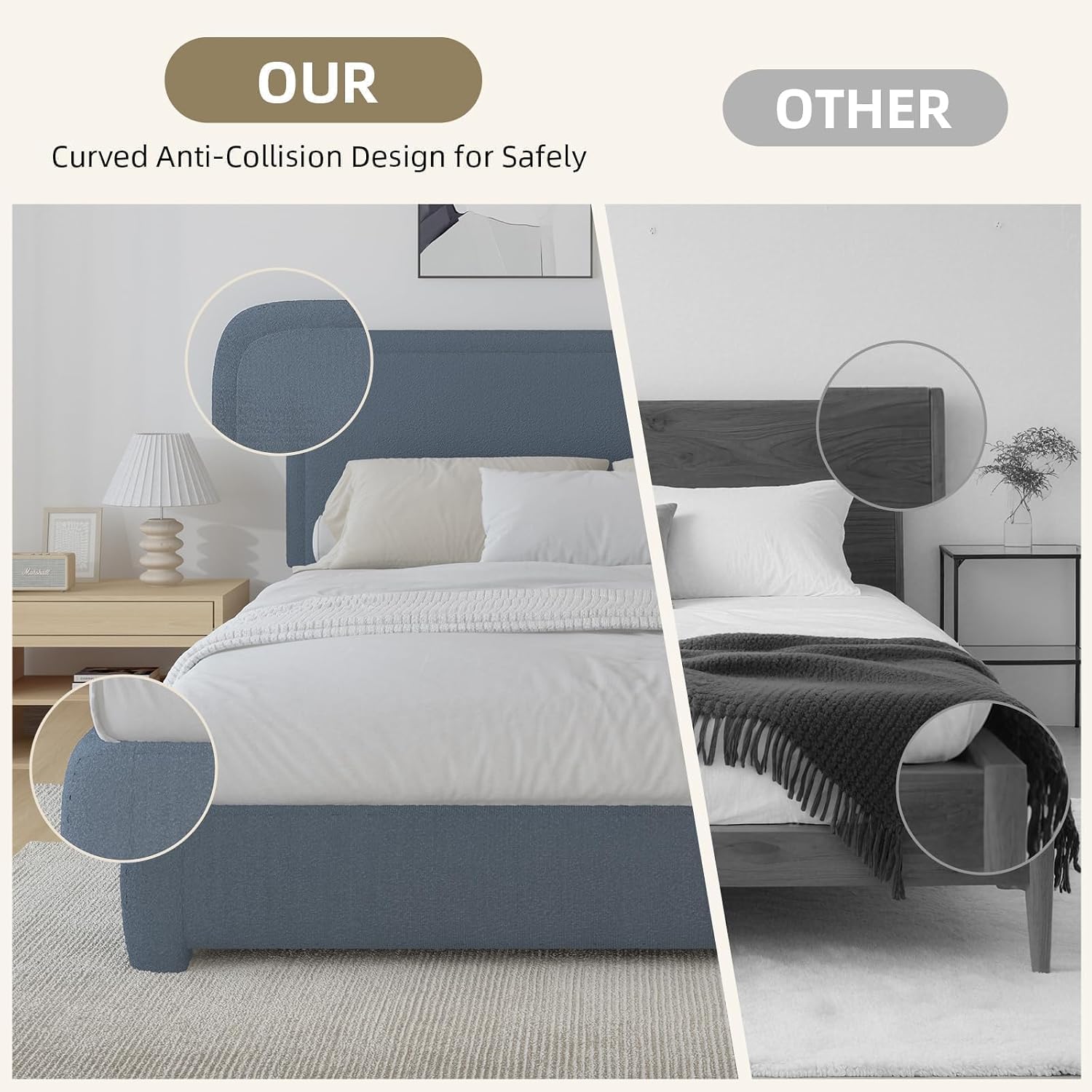 BarnFurin Full Bed Frame, Cloud Boucle Headboard, Rounded Corners, White | Soft boucle and rounded edges create a low-profile cloud look. Wooden slats support the mattress without a box spring