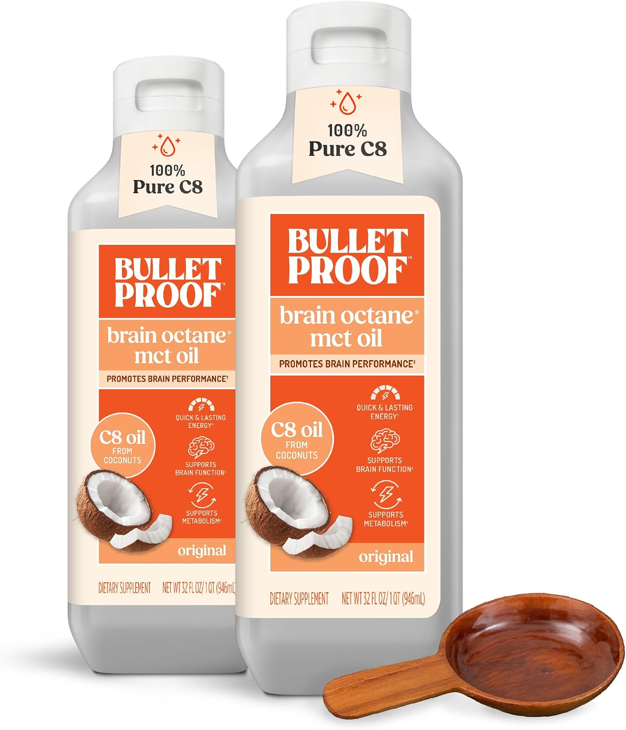 Bulletproof Brain Octane C8 MCT Oil, Non-GMO, 16 oz – 100% C8 from Coconut | 100% Pure Coconut Oil, Triple-Distilled Keto Energy Supplement for Coffee & Smoothies, Unflavored, No Additives, Non-GMO