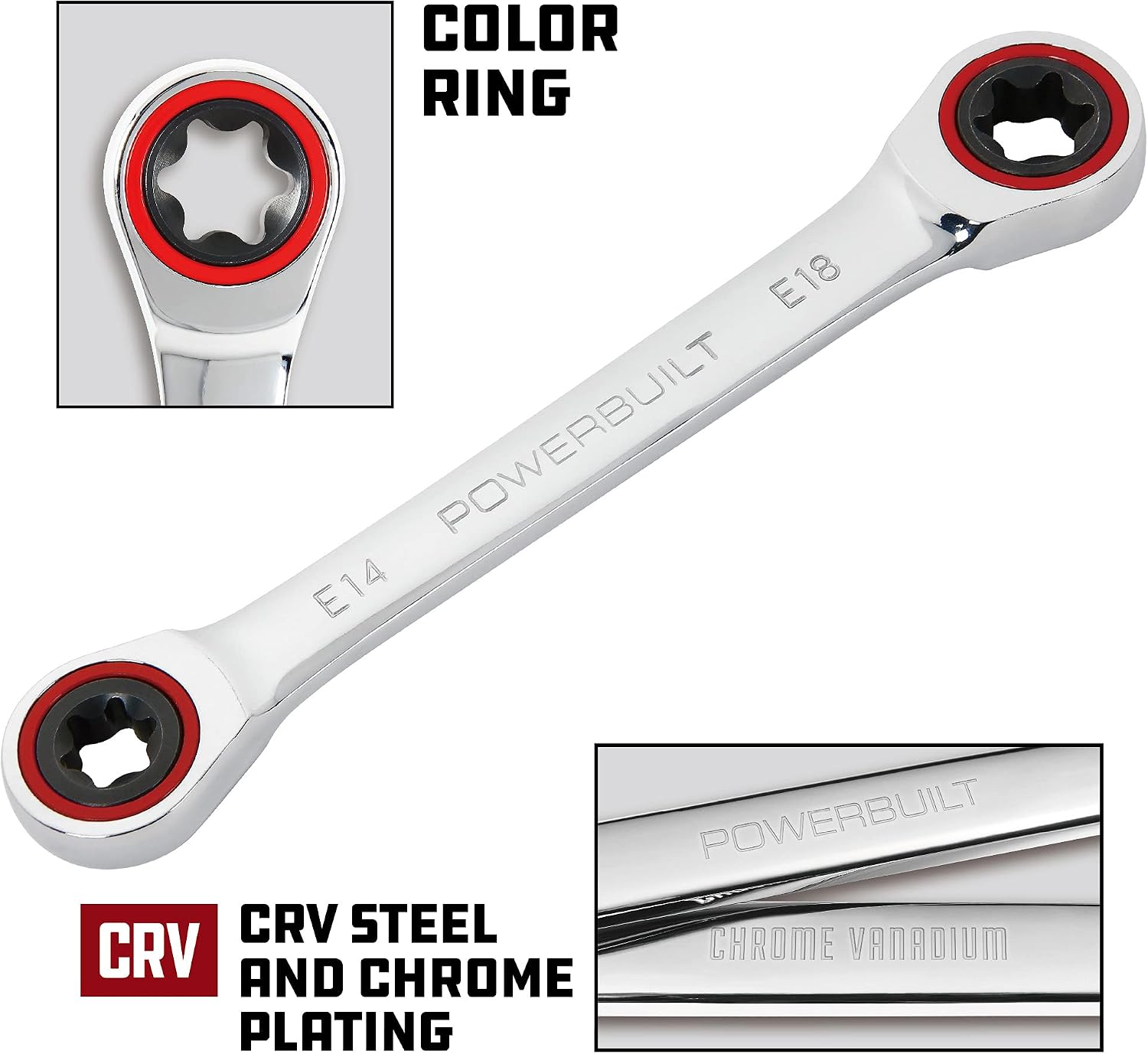 Powerbuilt E10/E12 Ratcheting Double Box-End E-Torx E-Star Wrench, 72-Tooth Ratcheting Wrench with 5-Degree Swing for Tight Spaces - 641760