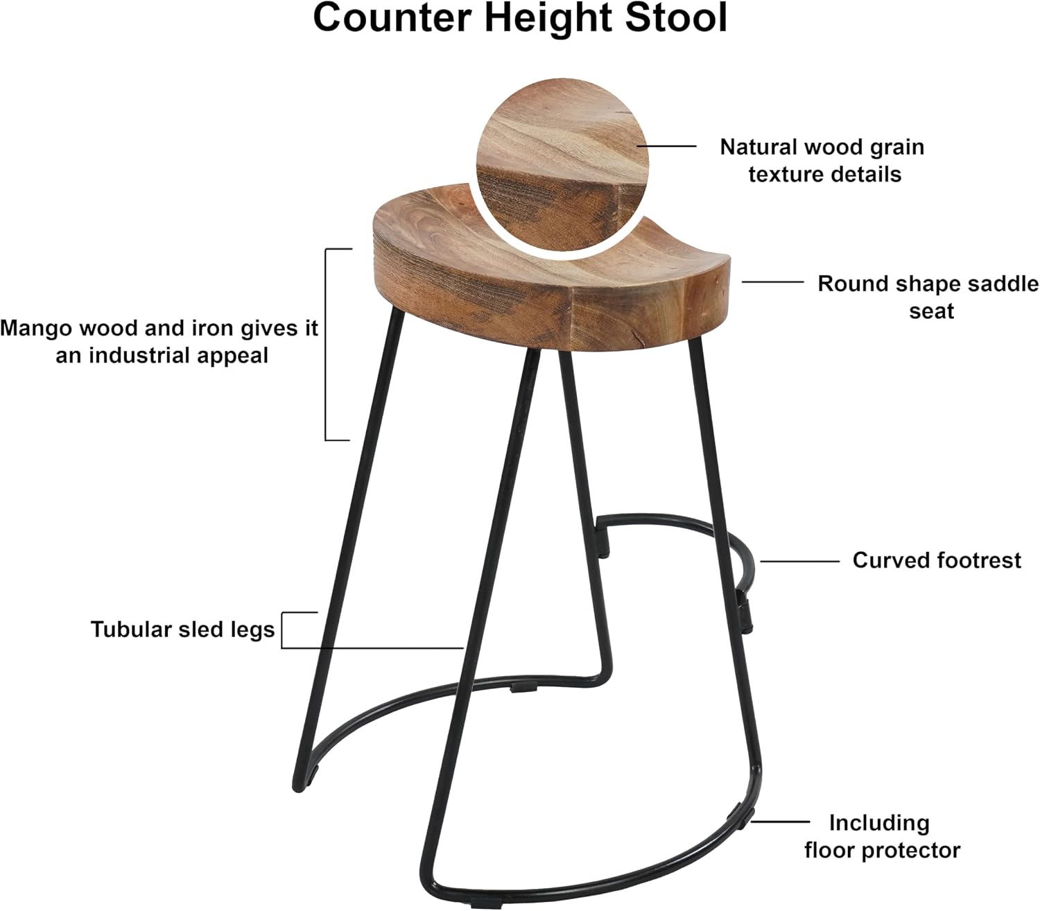 The Urban Port 24 Inch Wooden Saddle Seat Barstool