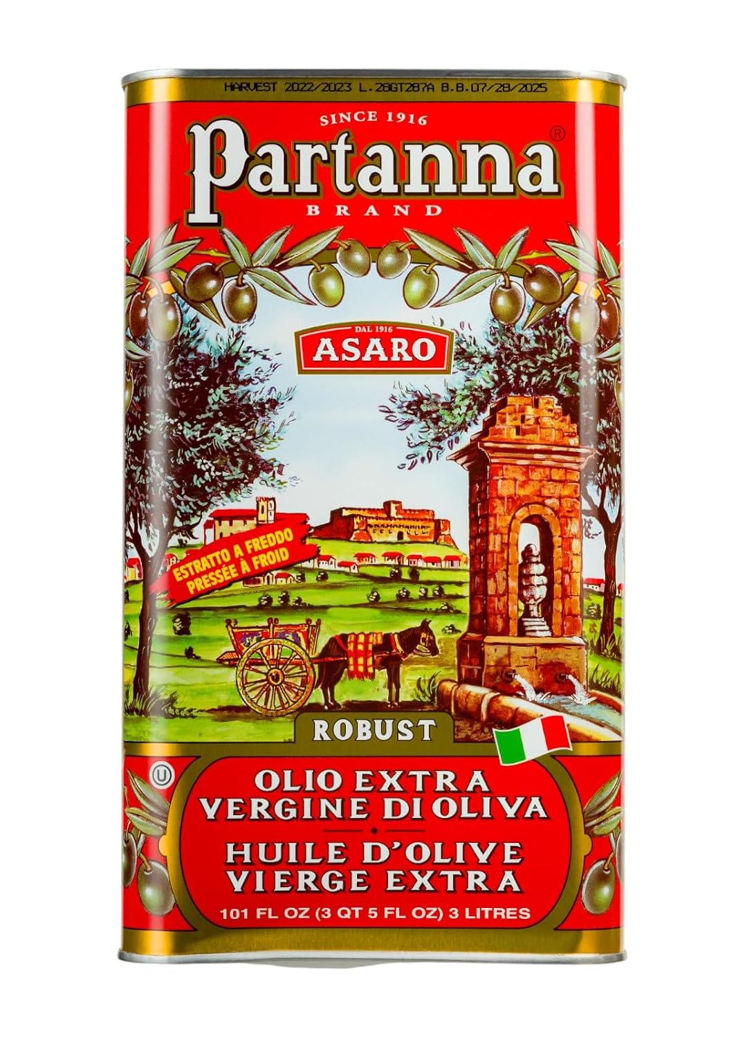 Partanna Robust Extra Virgin Olive Oil, 101 fl oz (3 L) Tin | Premium 100% Castelvetrano Oil, High Polyphenol, First Cold Pressed, Early Harvest in Sicily, Award Winning Italian EVOO