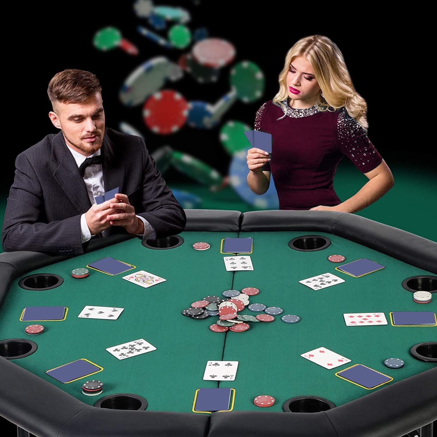 LUCKYERMORE Poker Table 8 Player 48” Octagon Folding Texas Poker Blackjack Game Table with Cup Holder