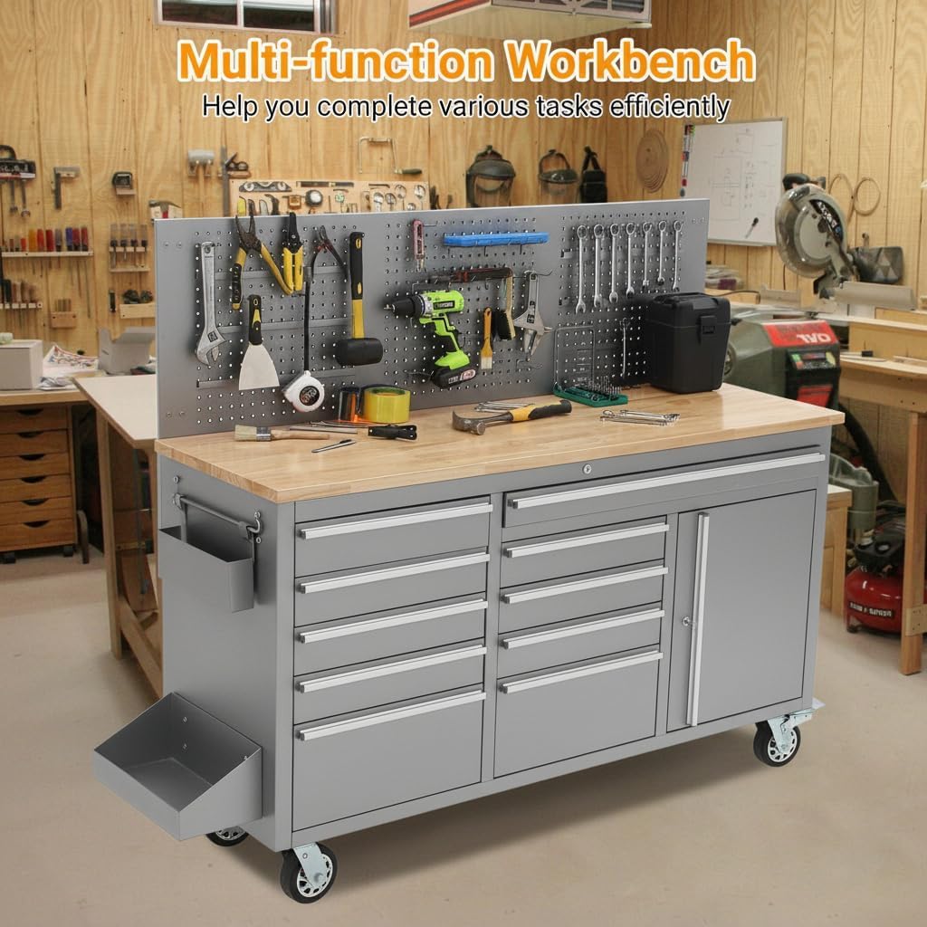61-Inch Rolling Tool Chest with 10 Drawers & Power Strip, Solid Rubber Wood Top, 1675 LBS Load Heavy Duty Mobile Workstation, Locking System and Drawer Liners for Garage Warehouse Shop, Black