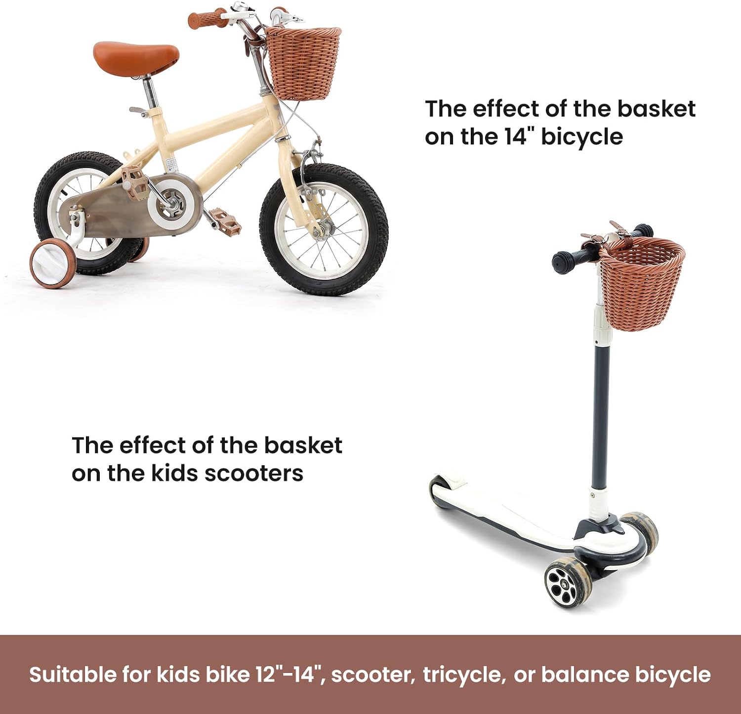 Kids Bike Basket Wicker Woven Front Bicycle Basket for Boys Girls Mini Handlebar Basket for Kids Bike or Scooter