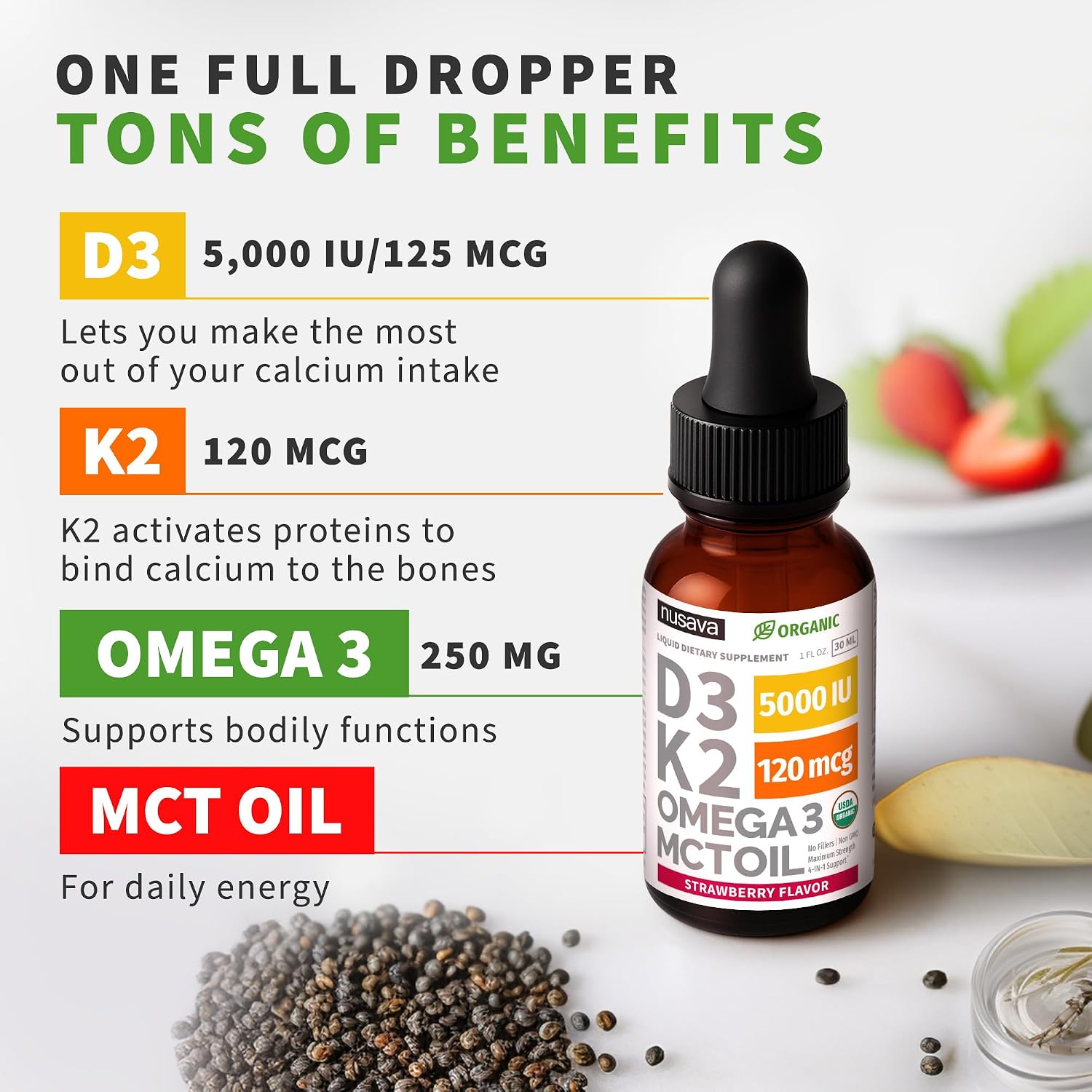 Nusava Organic Vitamin D3 K2 Drops with MCT Oil, Unflavored, Pack of 2